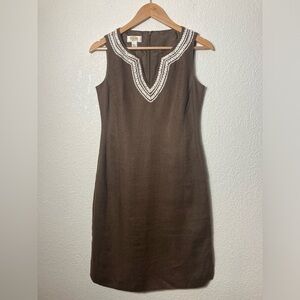 Vintage Talbots petites brown linen bodycon sleeveless midi dress size 2 beading